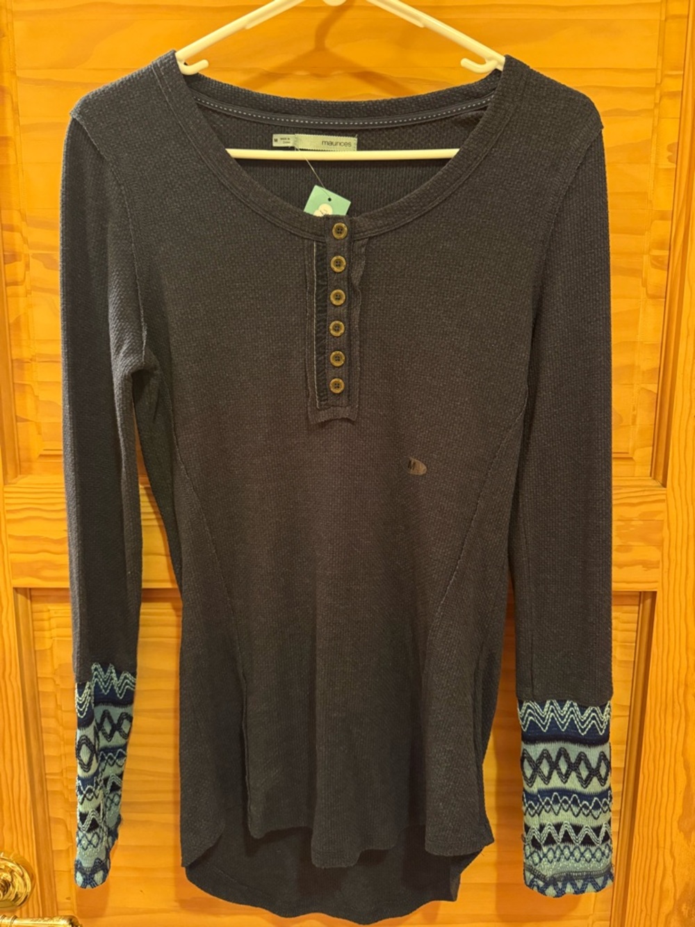 Maurices Navy Long-Sleeve Henley with Patterned Cuffs